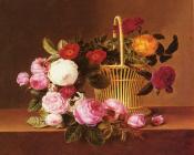 A Basket Of Roses On A Ledge - 约翰·劳伦茨·延森